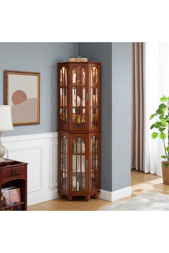 Corner Curio Cabinet with 4 Adjustable Glass Shelves, Lighting System, Solid Wood Legs, Walnut