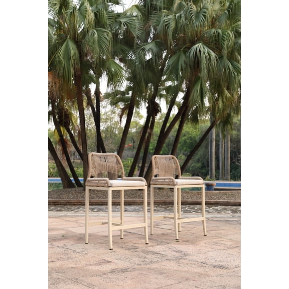 FFZ Counter Height Bar Stool Set of 2 with Handwoven Rope and Ivory Waterproof Cushions, Ivory White