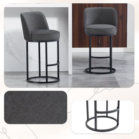 FFZ Counter Height Bar Stools Set of 2 with Barrel Backrest and Linen Fabric, 18.31 x 19.49 x 34.84 inch, Gray