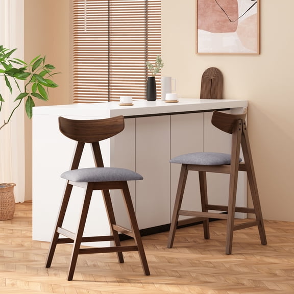 FFZ Set of 2 Counter Stools with Curved Backrests and Rubberwood Legs, 20.1 x 20.5 x 35.5 inch, Dark Grey