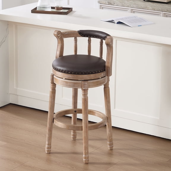 FFZ Cow Top Leather Swivel Bar Stool with Backrest and Wood Frame, 21.7 x 21.7 x 37.8 inch, Coffee