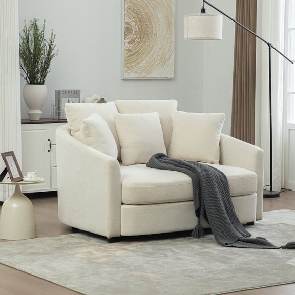 FFZ Cozy Oversized Round Cuddle Chaise with Pillows and Deep Seat, 56.3 inch Wide, Beige
