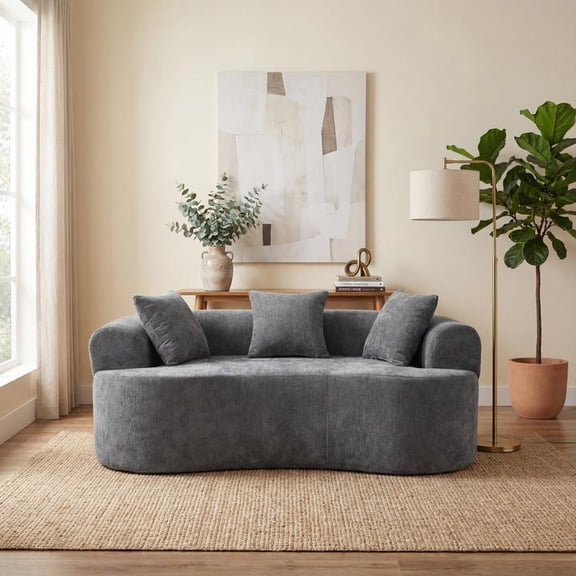 FFZ Crescent-Shaped Sofa Modern Low-Back Deep Cushions Self-Inflating Foam-Filled Two-Seater Grey For Living Room Bedroom