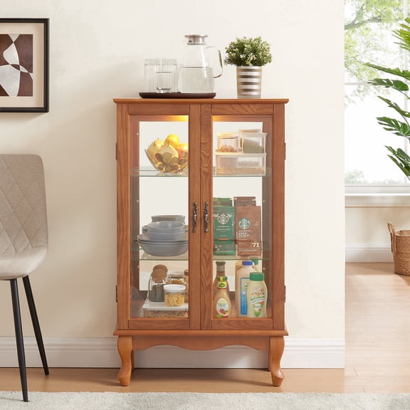 FFZ Curio Cabinet with Tempered Glass Doors, Mirrored Back Panel, Adjustable Shelves, Lighted Display, Oak