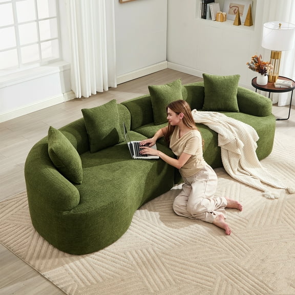 FFZ Curved Boneless Sofa Compression Modular 110 inch Sectional Green High-Density Couches Sleeper Chenille For Living Room