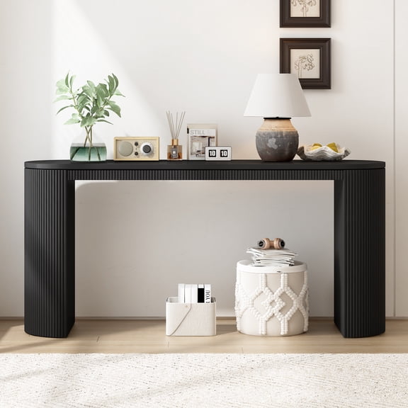 FFZ Curved Design Console Table with Vertical Stripe Design, 59.2 x 14.9 x 31.8 inch, Black