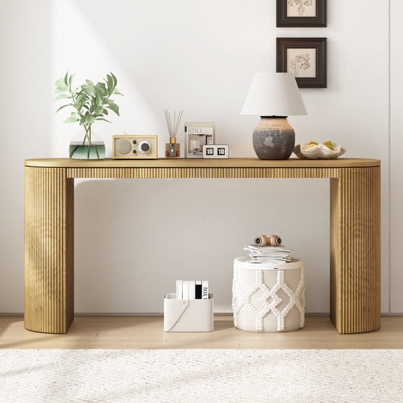 FFZ Curved Design Console Table with Vertical Stripe Design, 59.2 x 14.9 x 31.8 inch, Natural
