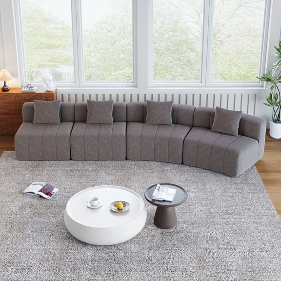 FFZ Curved Chenille Modular Sectional Sofa with 4 Pillows, Two Curved and Two Single Seats, Grey
