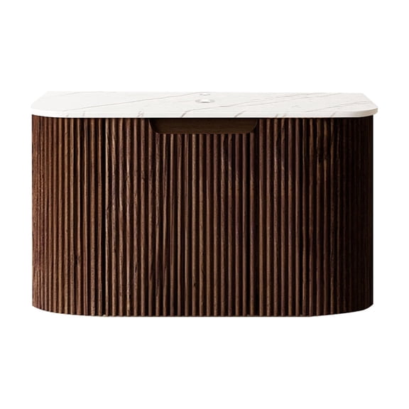 FFZ DINA 24 inch Wall Mounted Cabinet with Carrara White Countertop and Drawer, Dark Walnut