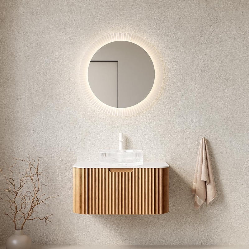 FFZ 30 inch Floating Bathroom Vanity with Glass Basin, 3D Striped Drawer and Plywood Cabinet, Natural Wood