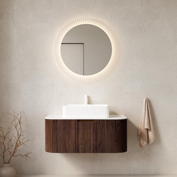 FFZ 36" Wall-Mounted Floating Bathroom Vanity with Ceramic Basin and Drawer, Dark Walnut Finish, Walnut