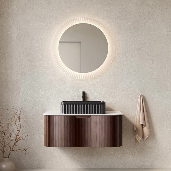 FFZ 36" Wall-Mounted Bathroom Vanity with Ceramic Basin, Drawer and Dark Walnut Finish, Black