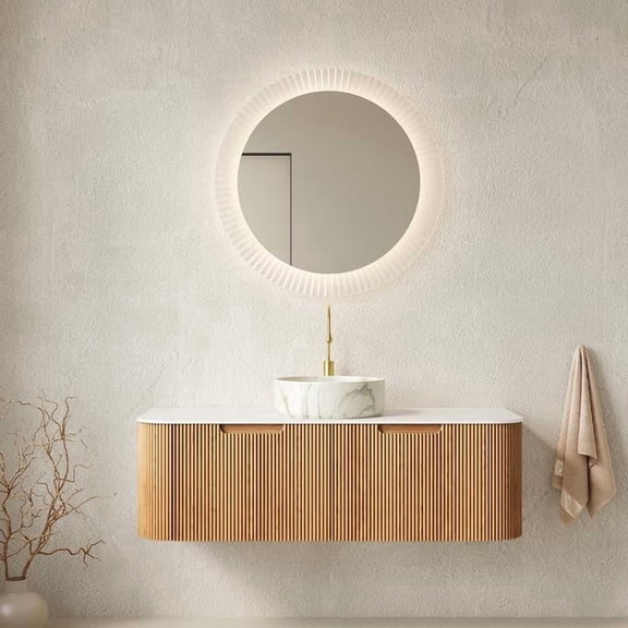 FFZ 48" Floating Bathroom Vanity with Ceramic Basin, Sintered Stone Top, 2 Drawers, Natural, Carrara White