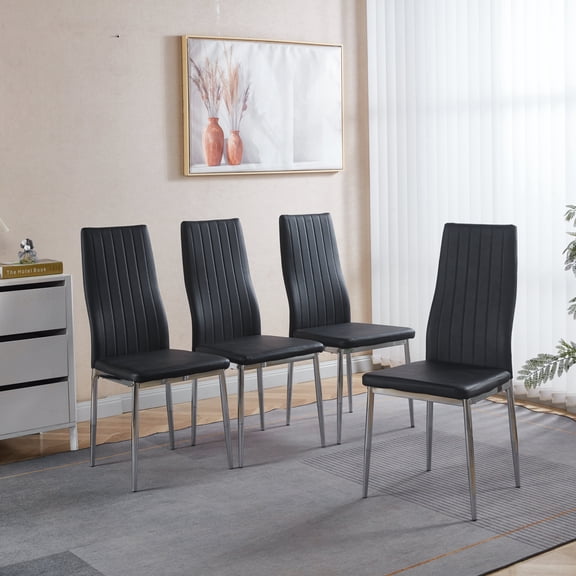 FFZ Set of 4 Dining Chairs with Chrome Metal Legs, Black Seat, 20.5 x 15.7 x 38.2 inch, Chrome