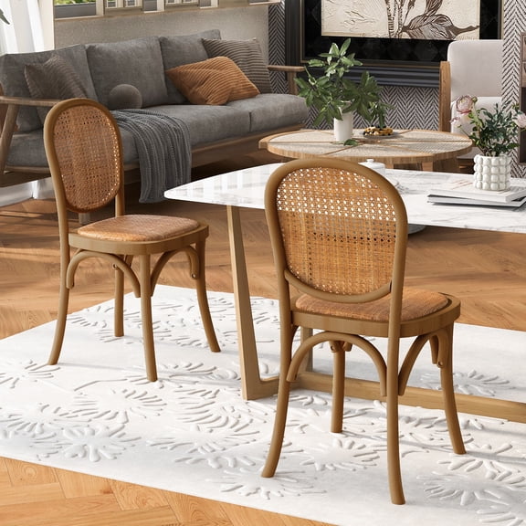 FFZ Set of 2 Birch Wood Dining Chairs with Rattan Backrest and Padded Seat, 17.5 x 19 x 35 inch, Light Brown