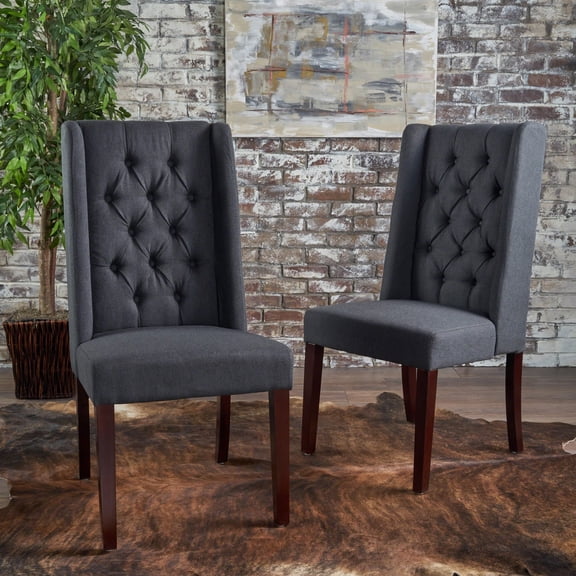 FFZ Set of 2 High Back Dining Chairs with Wing Frames and Button Tufting, 21.25 x 26 x 43 inch, Charcoal