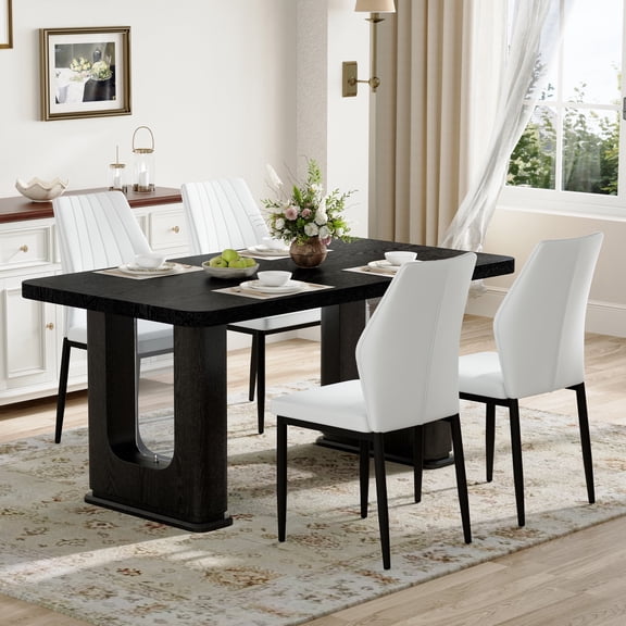 FFZ Dining Table and 4 Chairs Set with PU Shell-Pattern Chairs, 64.5 x 35.4 inch Table, White+Black