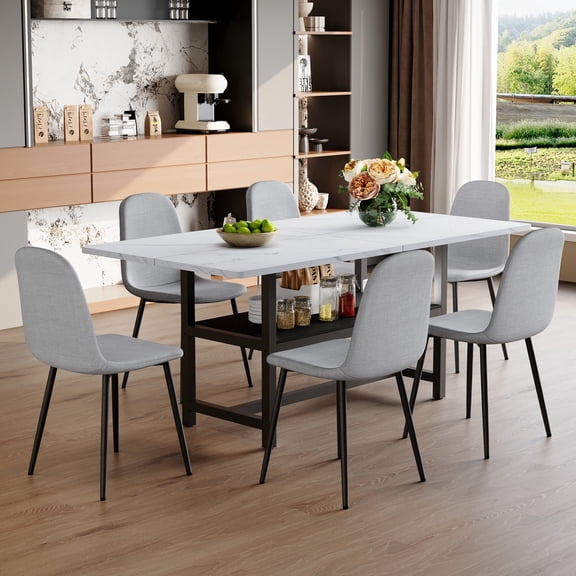 FFZ Dining Table Set with 6 Chairs, Storage Function and Linen-Cotton Material, Light Gray