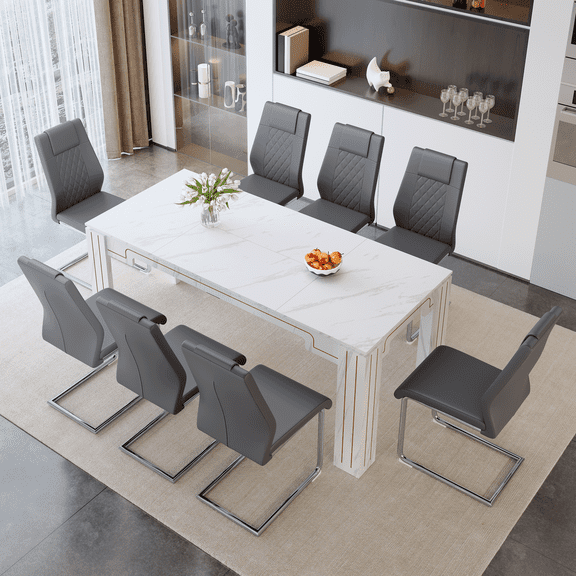 FFZ 71 inch Dining Table Set with 8 PU Chairs and Silver Arched Legs, Dark Gray