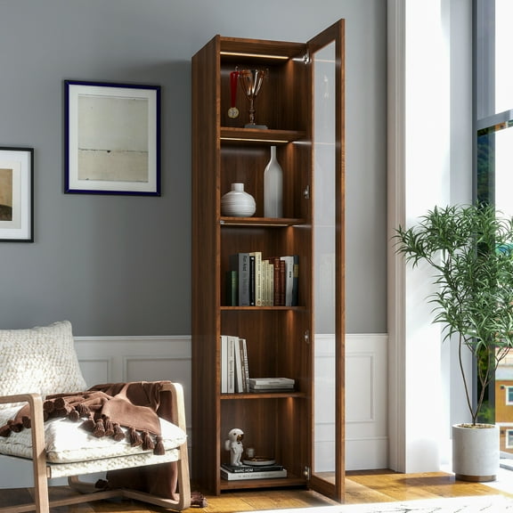 FFZ Display Cabinet With Transparent Acrylic Plate Doors Curio Storage 5 Shelves Bookcase LED Lights