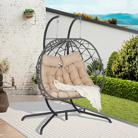 FFZ Double Hanging Wicker Egg Chair with Stand and Cushions 600 lbs, Khaki