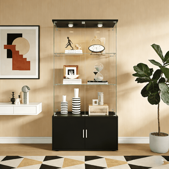 FFZ Double-Door Four-Layer Storage Cabinet with Remote-Controlled Lights, 31.69 x 14.17 x 64.57 inch, Black
