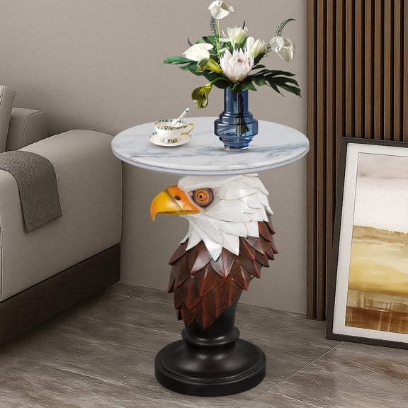 FFZ Eagle Head Accent Table with Faux Marble Top, 11.81 x 19.69 x 25.59 inch, Brown + Antique White