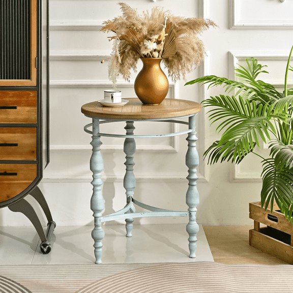 FFZ Rustic Carved Coffee Table with Metal Legs, 20.08 x 20.08 x 23.62 inch, Natural Wood Wash