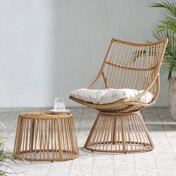 FFZ Elaine Club Chair and Side Table Set with PE Rattan and Iron Frame, 22.5 x 26 x 34.5 inch, Light Brown
