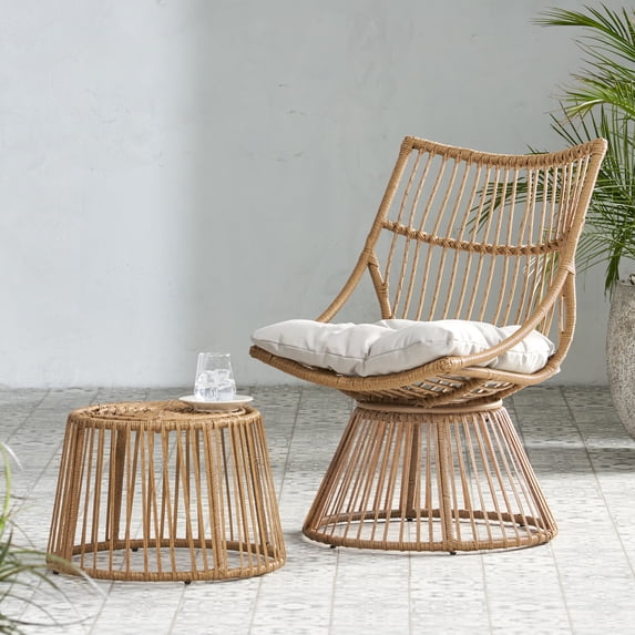 FFZ Elaine Chair and Side Table Set for Outdoor Patio, Light Brown
