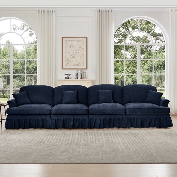 FFZ Elegant Mid Century Large 4 Seater Sofa Couch Flared Arms Chenille Blue For Living Room Apartment