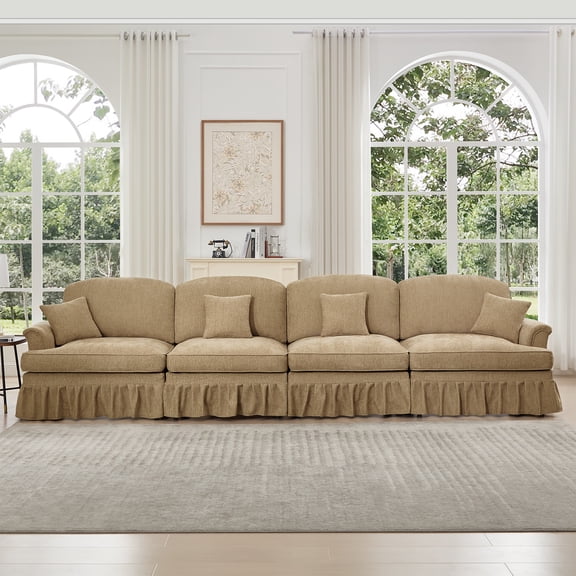 FFZ Elegant Mid Century Large 4 Seater Sofa Couch Flared Arms Chenille Coffee For Living Room Apartment