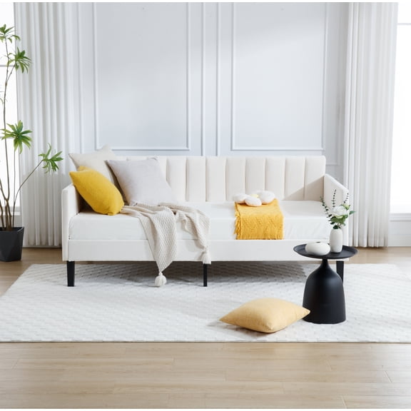 FFZ Elena Twin Size Beige Velvet Upholstered Daybed with Ribbed Tufted Backrest, Lavish Modern Design, Ivory