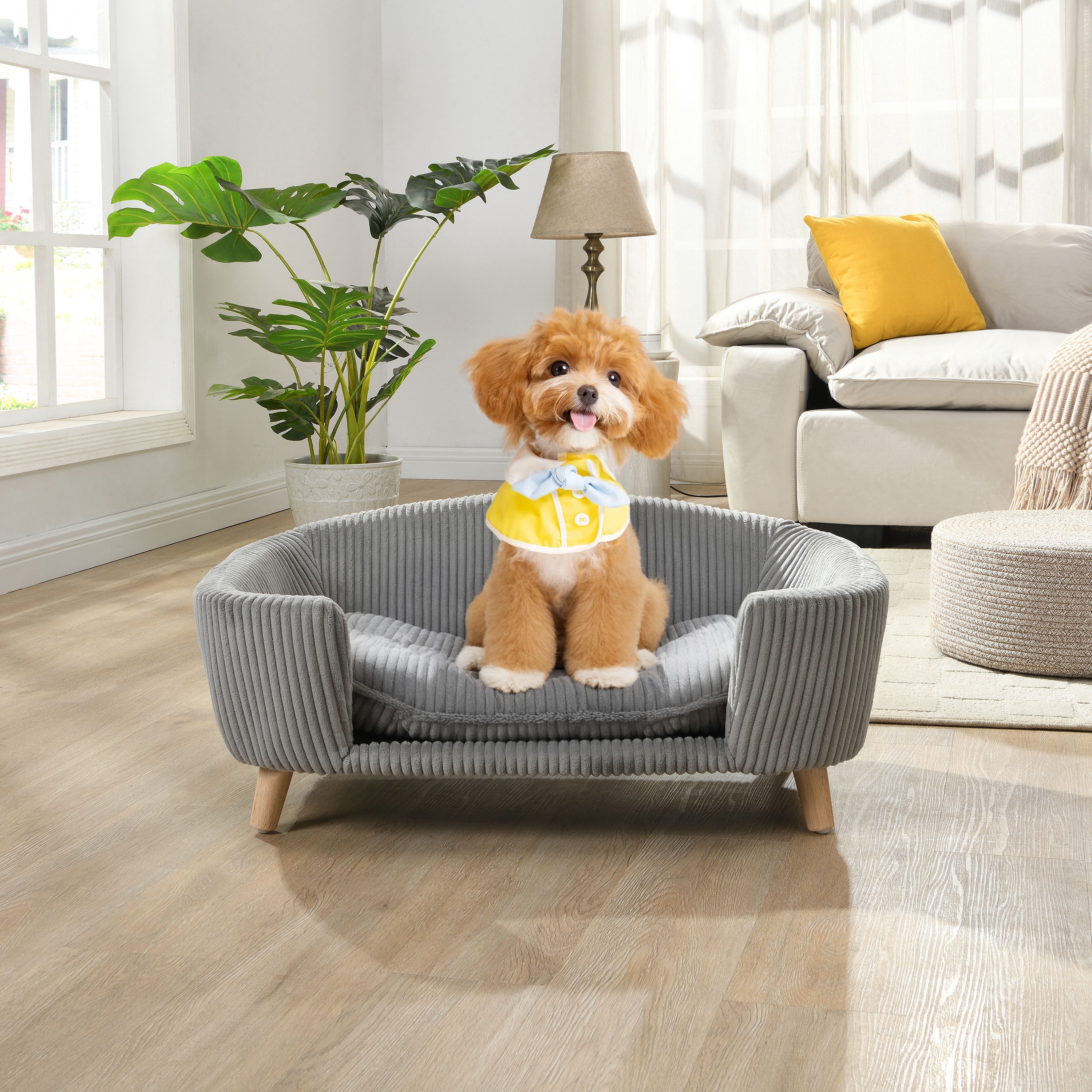 FFZ Elevated Dog Bed Frame Small Corduroy Pet Couch Rubber Wood Legs Supportive Foam Grey Assembly
