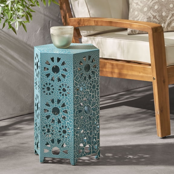 FFZ Eliana 12 inch Hexagonal Side Table with Floral Iron Frame, Teal