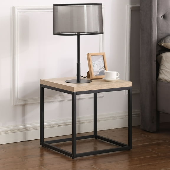 FFZ End Table Side Table,Square Wood and Metal Nightstand,Storage Small End Table, for Living Room Bedroom, Natural Oak