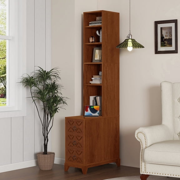 FFZ Tall End Table with 3 Drawers, 4 Adjustable Shelves and Charge Station, 23.6 x 11.8 x 70.9 inch, Natural