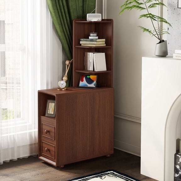 FFZ Tall Corner End Table with Drawers, Open Shelves and Charging Station, 23.6 x 11.8 x 47.2 inch, Walnut