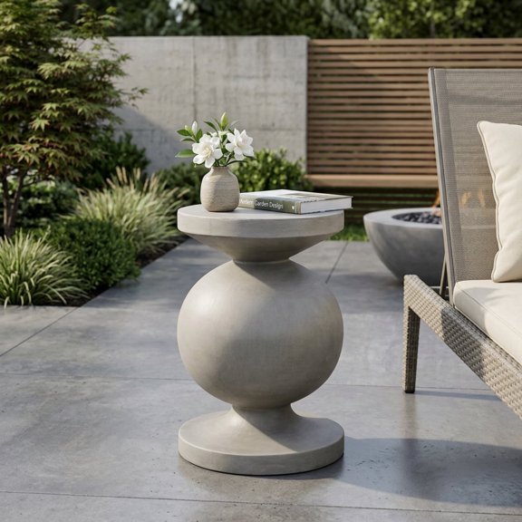 FFZ Lightweight Concrete-Look Side Table with Pedestal Base and Modern Design, Light Grey