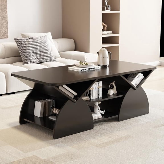 FFZ Rectangular Coffee Table with Rounded Corners and Open Shelves, 47.24 x 23.62 x 17.72 inch, Black
