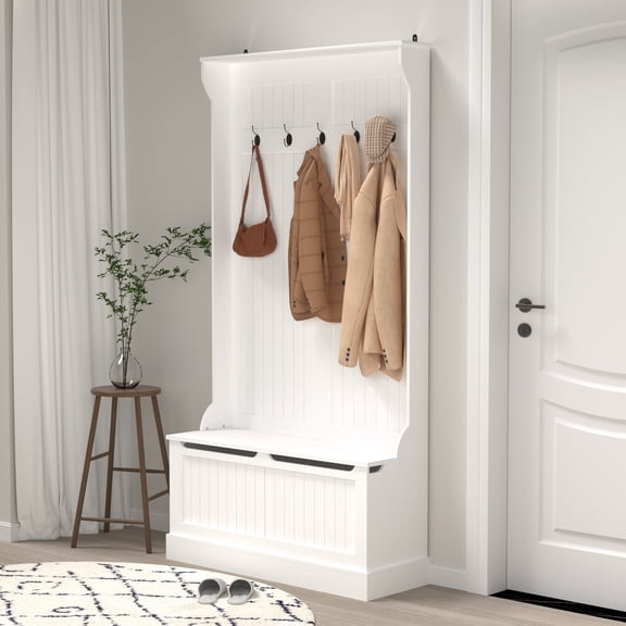 FFZ Entryway Hall Tree with Shoe Storage Bench, Coat Rack and 5 Hooks, 37.8 x 13.4 x 70.9 inch, White
