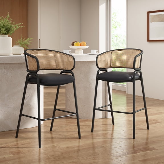 FFZ Ethan Indoor Barstool Set of 2 with Faux Leather Seat and Woven Rattan Backrest, Black