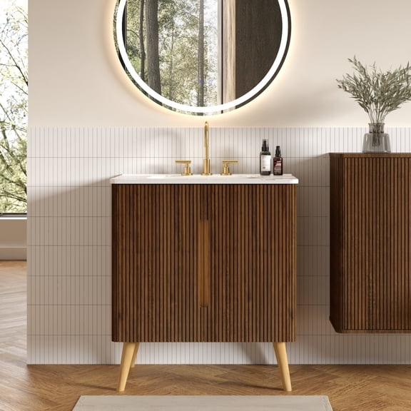 FFZ Etna 30" Striped Walnut Vanity with Carrara Sink, Freestanding & Wall Mount, Carrara White