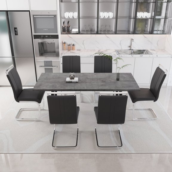 FFZ Expandable Dining Table Set with 6 C-Shaped Chairs and MDF Tabletop, Grey
