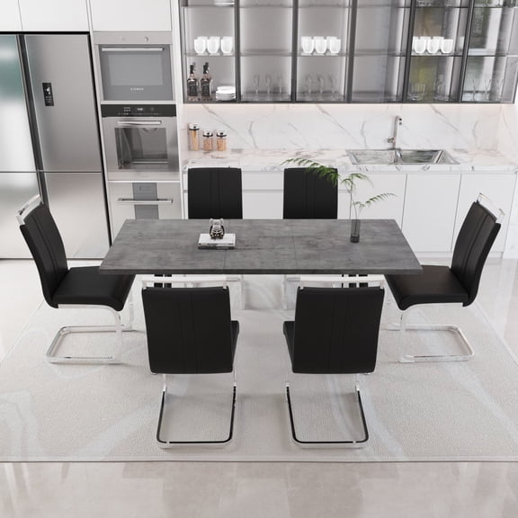 FFZ Expandable Square Dining Table Set with 6 C-Shaped Chairs, Seats 4-6, Black+grey