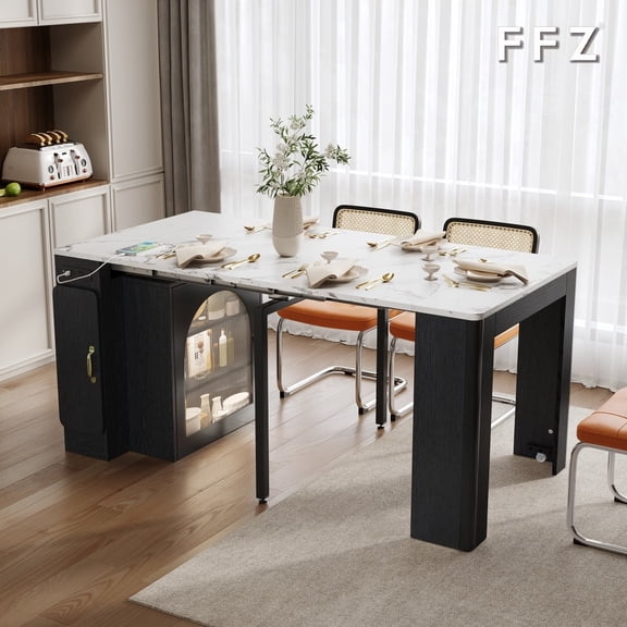 FFZ Extendable Dining Table with 3 Leaves, Rolling Island with Power Outlet and Storage Cabinet, Black
