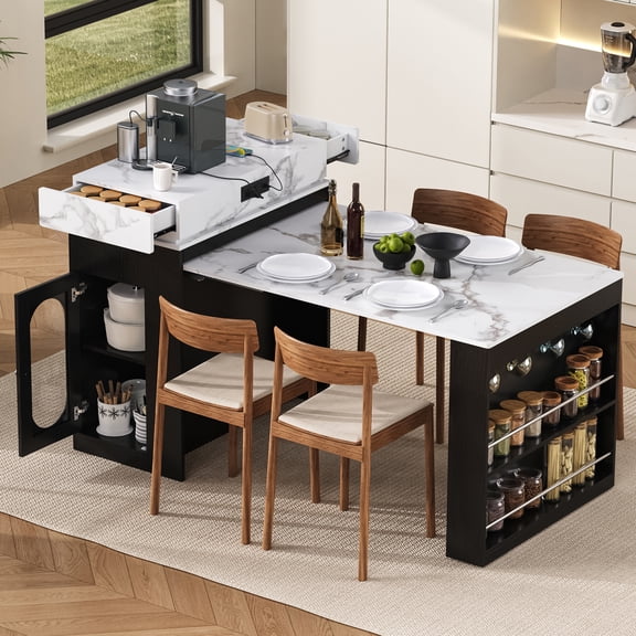 FFZ Extendable Folding Bar Dining Table Kitchen Island Drawers Power Outlet Wheels Hooks Sideboard, Black Marble White