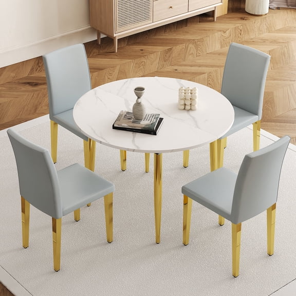 FFZ Extendable Dining Table Set with 4 Light Gray PU Chairs, White+Gold, Light Gray