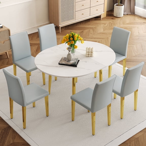 FFZ Extendable Dining Table Set with 6 PU Chairs, Round MDF Table with Gold Legs, Light Gray