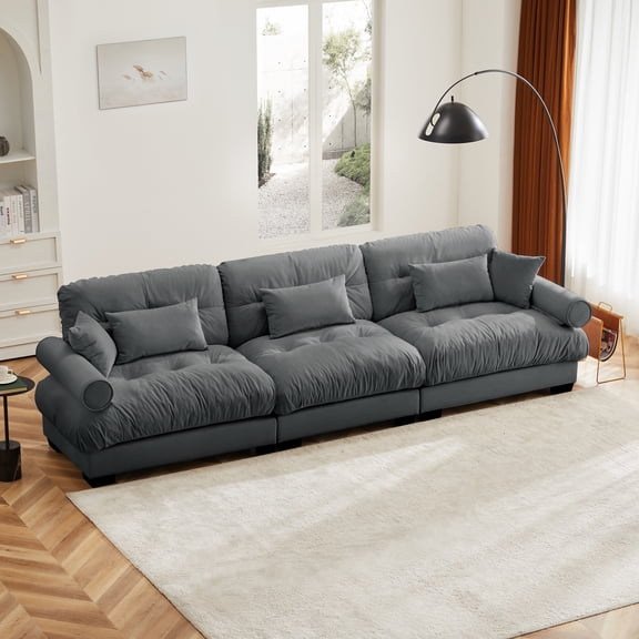 FFZ Extra Large 3 Seat Modern Velvet Sofa with Waist and Throw Pillows, Gray